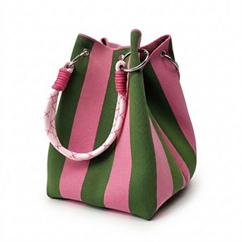 Womens Small Striped Knit Bucket Bag with Rope Handles and Snap Closure