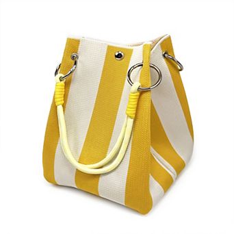 Womens Small Striped Knit Bucket Bag with Rope Handles and Snap Closure