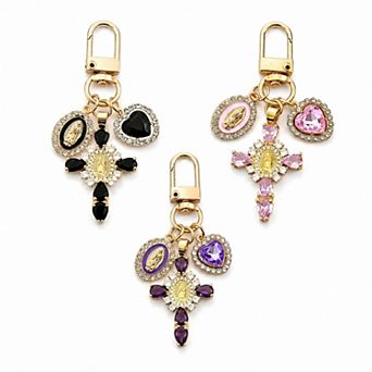 3 pc Cross Keychain Bag Charm with Rhinestone Heart Pendant and Medallion Accent