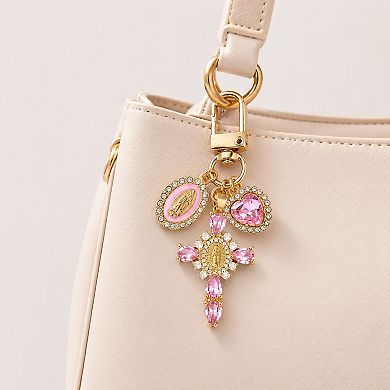 3pc Cross Keychain Bag Charm with Rhinestone Heart Pendant and Medallion Accent