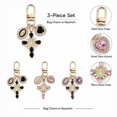 3pc Cross Keychain Bag Charm with Rhinestone Heart Pendant and Medallion Accent