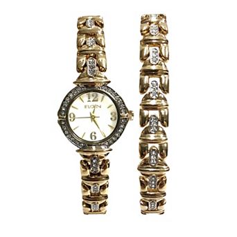 Elgin Women's 22.5mm Gold Tone Simulated Crystal Link Bracelet & Watch Set - EG17011ST