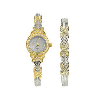 Elgin Women's 22.5mm Textured Analog Watch & Simulated Crystal Watch & Bangle Set - EG9026ST