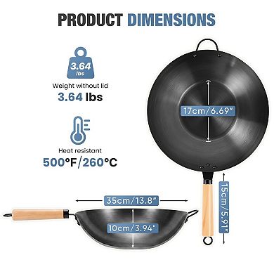 YIORTWO 13.8 Inch Carbon Steel Wok Pan with Flat Bottom for Induction Camping BBQ