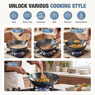 YIORTWO 13.8 Inch Carbon Steel Wok Pan with Flat Bottom for Induction Camping BBQ