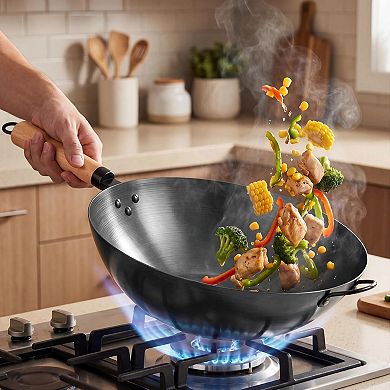 YIORTWO 13.8 Inch Carbon Steel Wok Pan with Flat Bottom for Induction Camping BBQ