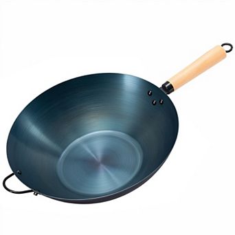 YIORTWO 13.8 Inch Carbon Steel Wok Pan with Flat Bottom for Induction Camping BBQ
