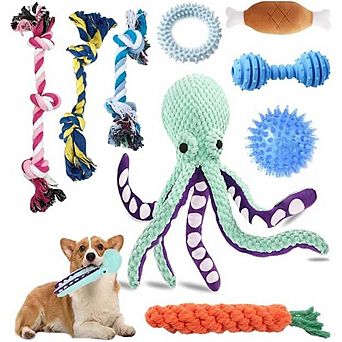 9 pc Puppy Chew Toy Set with Squeaky Plush, Rubber & Rope Toys