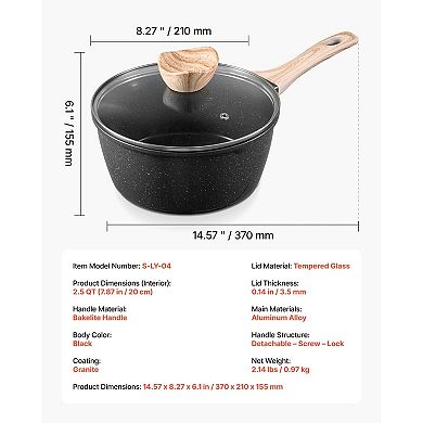 YIORTWO 2.5 QT Nonstick Saucepan with Glass Lid and Detachable Handle for Kitchen
