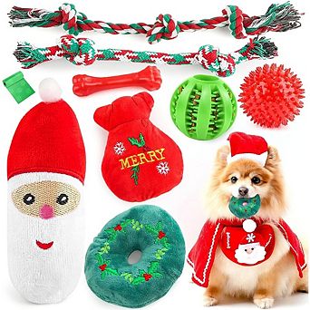 9 Pack Christmas Puppy Chew Toys Set with Squeaky Plush, Rope & Rubber Toys