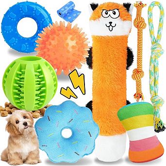 9 Pack Interactive Puppy Chew Toys with Rope, Treat Ball & Squeaky Toys