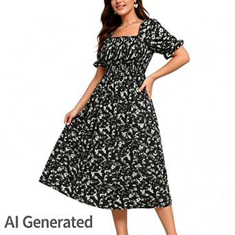 Women's Plus Size Wedding Ruffle Sleeves Square Neck Smocked Woven Maxi Floral Dress with Pockets
