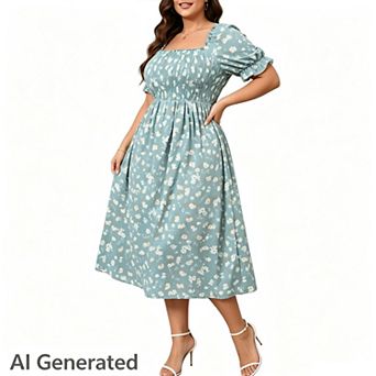 Women's Plus Size Wedding Ruffle Sleeves Square Neck Smocked Woven Maxi Floral Dress with Pockets
