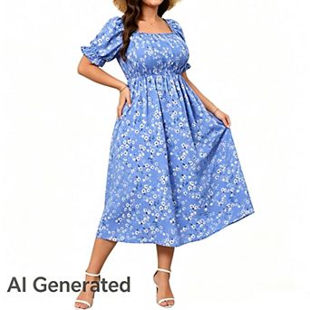 Women's Plus Size Wedding Ruffle Sleeves Square Neck Smocked Woven Maxi Floral Dress with Pockets
