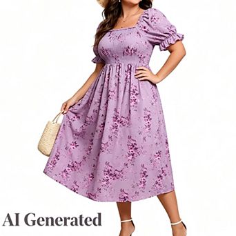 Women's Plus Size Wedding Ruffle Sleeves Square Neck Smocked Woven Maxi Floral Dress with Pockets