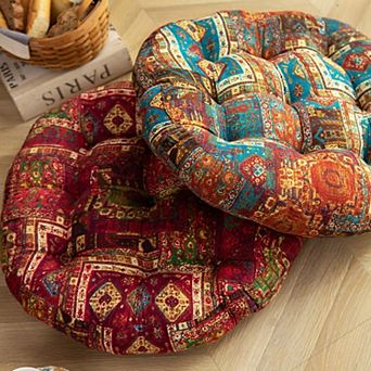 Hippie-Inspired Geometric Printed Round Chair Cushion, Soft Thick Seat Pad, Red + Blue