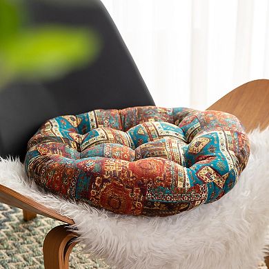 Hippie-Inspired Geometric Printed Round Chair Cushion, Soft Thick Seat Pad, Red + Blue