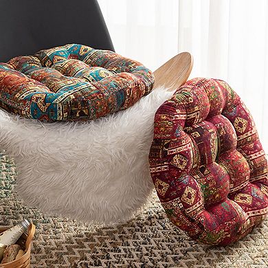 Hippie-Inspired Geometric Printed Round Chair Cushion, Soft Thick Seat Pad, Red + Blue