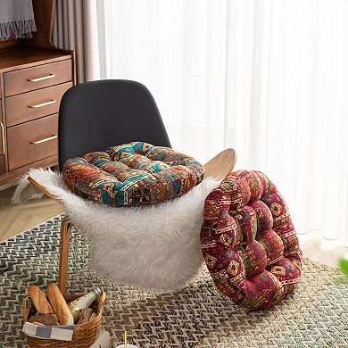 Hippie-Inspired Geometric Printed Round Chair Cushion, Soft Thick Seat Pad, Red + Blue