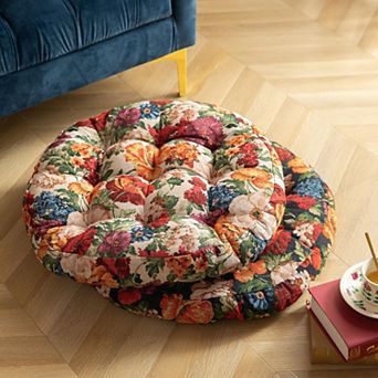 20" Round Vintage Jacquard Chair Cushion, Floral Tufted Seat Pad, 2 pc