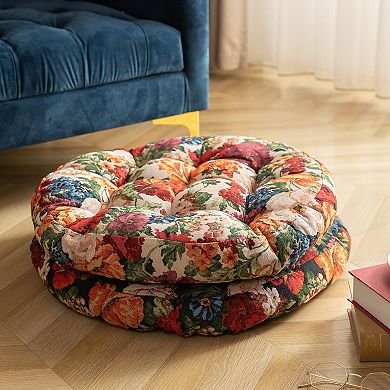 20" Round Vintage Jacquard Chair Cushion, Floral Tufted Seat Pad, 2pcs