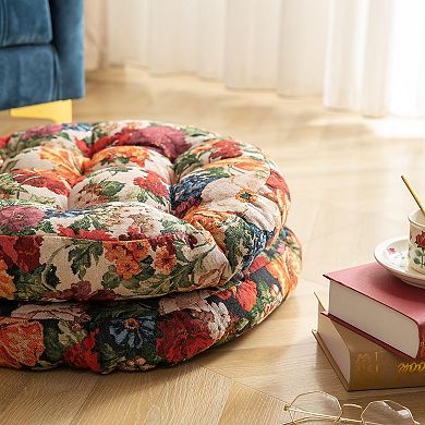 20" Round Vintage Jacquard Chair Cushion, Floral Tufted Seat Pad, 2pcs