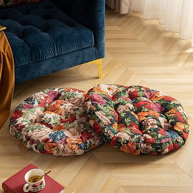 20" Round Vintage Jacquard Chair Cushion, Floral Tufted Seat Pad, 2pcs