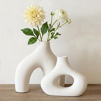 Set of 2 White Matte Abstract Ceramic Vases, Minimalist Boho Hollow Arch Donut Table Vase