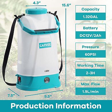 1.32 Gallon Battery Powered Sprayer 0-60PSI Adjustable Pressure with Strap