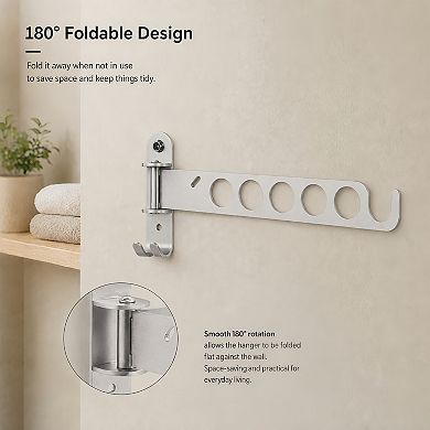 2-Pack Wall Mounted Clothes Drying Rod 11.8in Foldable Multi-Hole Hanger Rail with Hooks