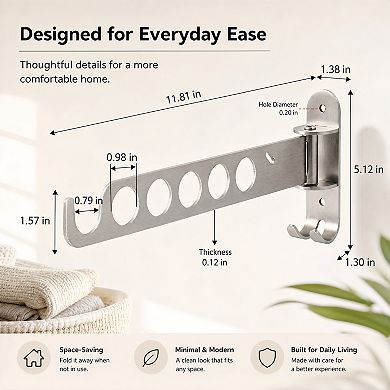 2-Pack Wall Mounted Clothes Drying Rod 11.8in Foldable Multi-Hole Hanger Rail with Hooks