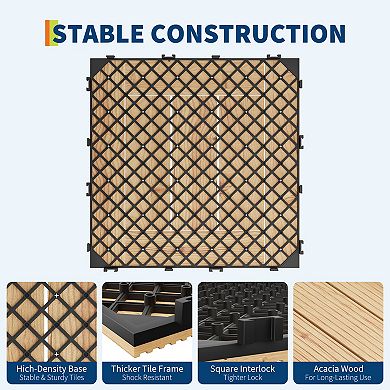 33Pack 12x12" Interlocking Acacia Wood Deck Tiles Water Resistant Non Slip