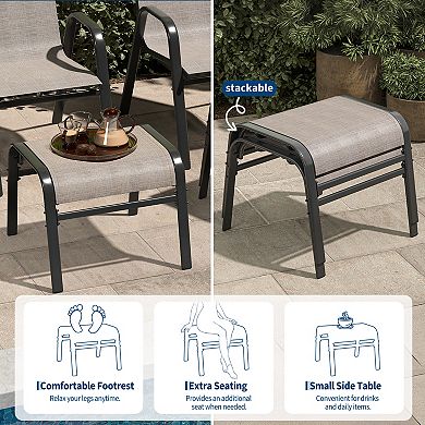 2Pcs Brown Stackable Outdoor Ottoman Textilene Fabric Metal Frame Foot Rest