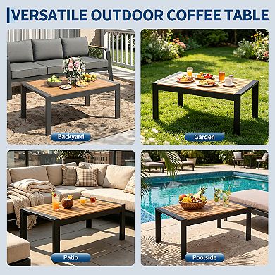 Dark Gray Rectangle Aluminum Outdoor Coffee Table Wood Look Weather Resistant