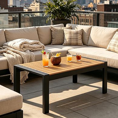 Dark Gray Rectangle Aluminum Outdoor Coffee Table Wood Look Weather Resistant