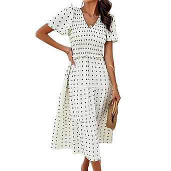 Women V Neck Puff Sleeve Smocked Polka Dot Tiered Elegant Vacation Beach Midi Dress