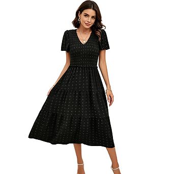 Women V Neck Puff Sleeve Smocked Polka Dot Tiered Elegant Vacation Beach Midi Dress