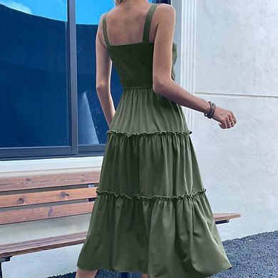 Women Sleeveless Spaghetti Strap Flowy Boho Beach Vacation Tiered Midi Dress