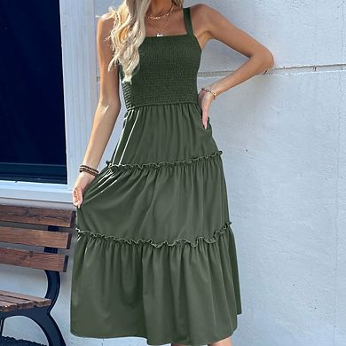 Women Sleeveless Spaghetti Strap Flowy Boho Beach Vacation Tiered Midi Dress