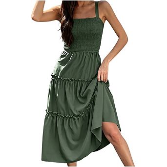 Women Sleeveless Spaghetti Strap Flowy Boho Beach Vacation Tiered Midi Dress