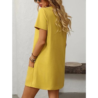 Women's Square Neck Short Sleeve Loose Flowy A Line Lightweight Solid Mini Dress with Pocket