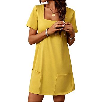Women's Square Neck Short Sleeve Loose Flowy A Line Lightweight Solid Mini Dress with Pocket