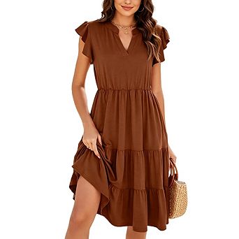 Womens Ruffle Sleeve V Neck Casual Fit Flowy Tiered Boho Beach Vacation Sundress