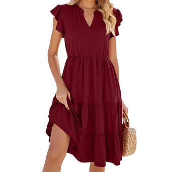 Womens Ruffle Sleeve V Neck Casual Fit Flowy Tiered Boho Beach Vacation Sundress