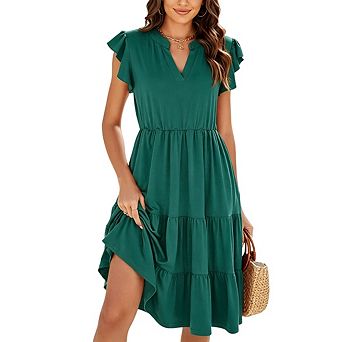 Womens Ruffle Sleeve V Neck Casual Fit Flowy Tiered Boho Beach Vacation Sundress