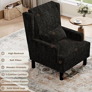 Mid Century Wingback Chenille Accent Chair Wood Legs with Lumbar Pillow