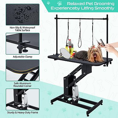 43.3" Black Hydraulic Dog Grooming Table 350LBS Height Adjustable with Noose Arm