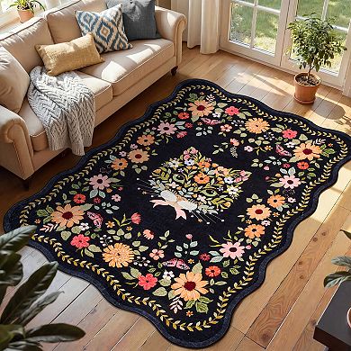 Fan-Shaped Cute Cat Print Area Rug — Washable, Soft, Non-Slip, and Foldable Indoor Décor Carpet