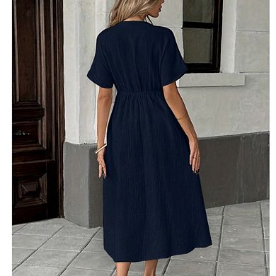 Women's Boho V-Neck Casual Loose Short Sleeve Midi Long Beach Dress