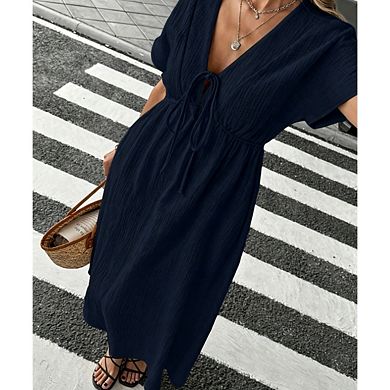 Women's Boho V-Neck Casual Loose Short Sleeve Midi Long Beach Dress
